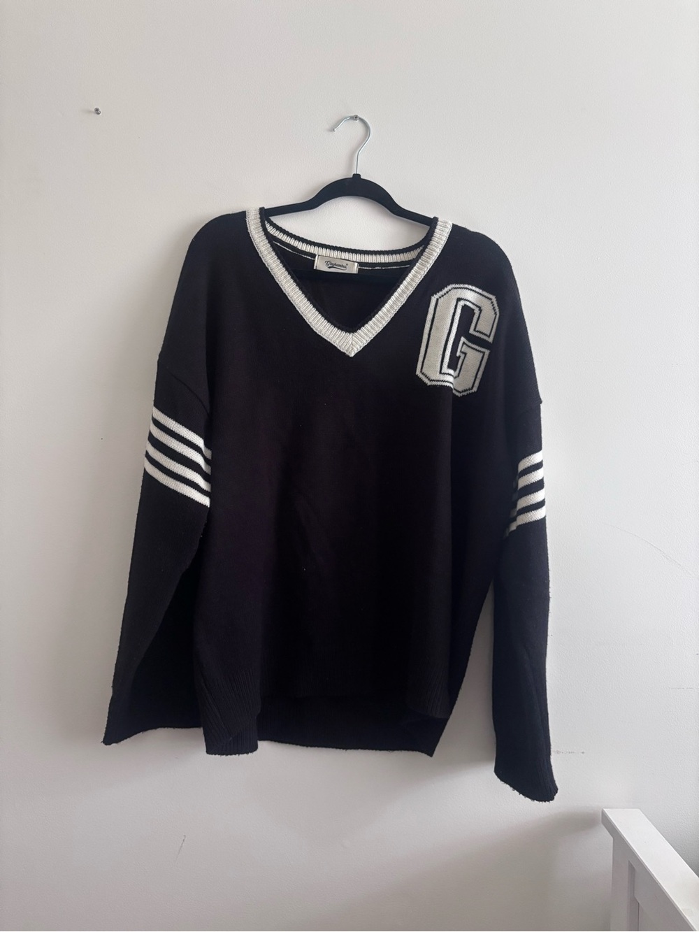 Black V-Neck Varsity Sweater with White Trim